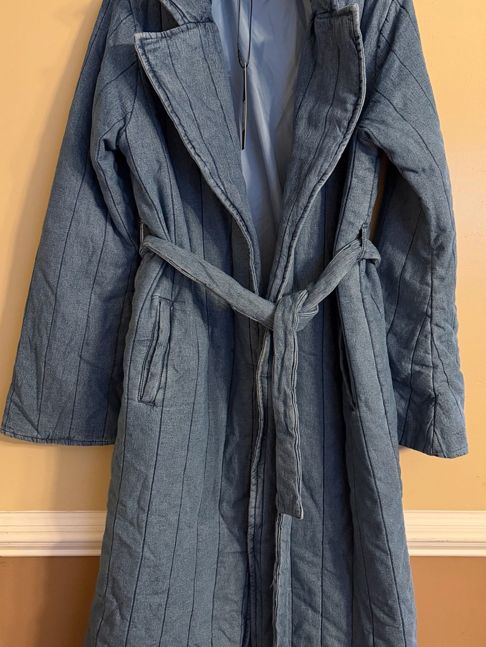 Fashion Nova Quilted Denim-Look Trench Coat in Washed Blue